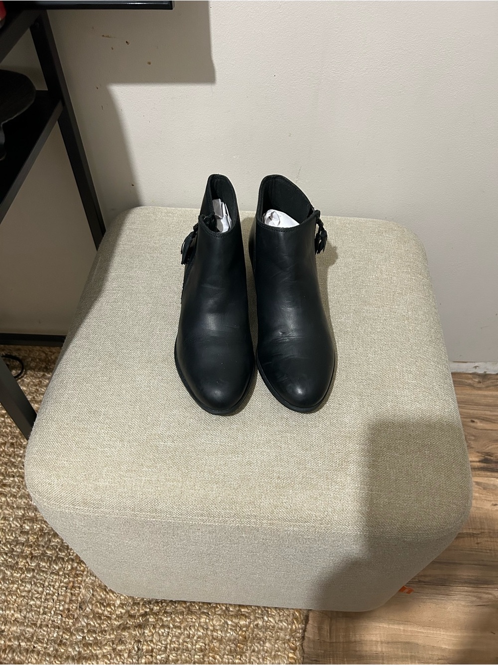 Clarks Black Leather Ankle Booties with Side Buckle Detail